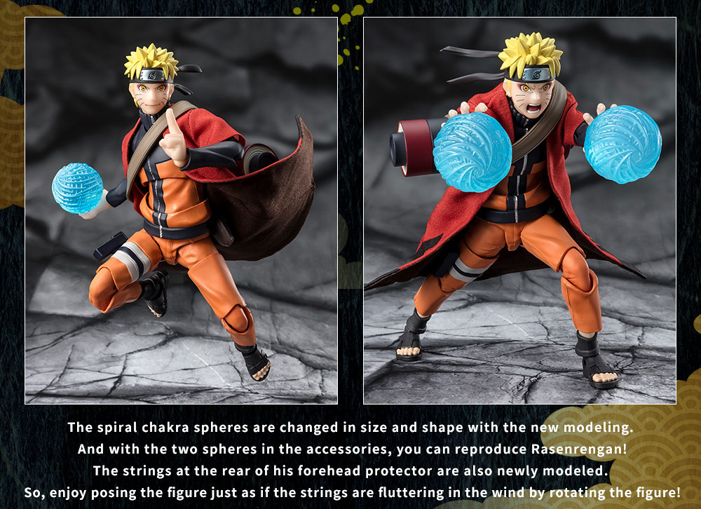 The spiral chakra spheres are changed in size and shape with the new modeling. And with the two spheres in the accessories, you can reproduce Rasenrengan! The strings at the rear of his forehead protector are also newly modeled. So, enjoy posing the figure just as if the strings are fluttering in the wind by rotating the figure!