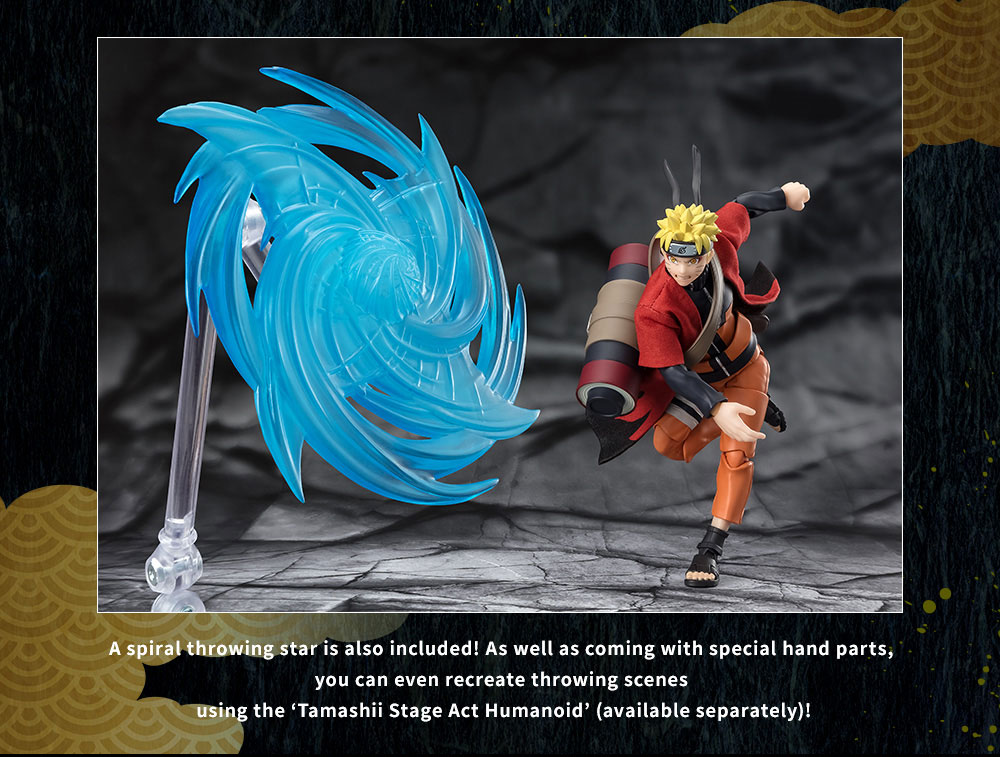 A spiral throwing star is also included! As well as coming with special hand parts, you can even recreate throwing scenes using the ‘Tamashii Stage Act Humanoid’ (available separately)!