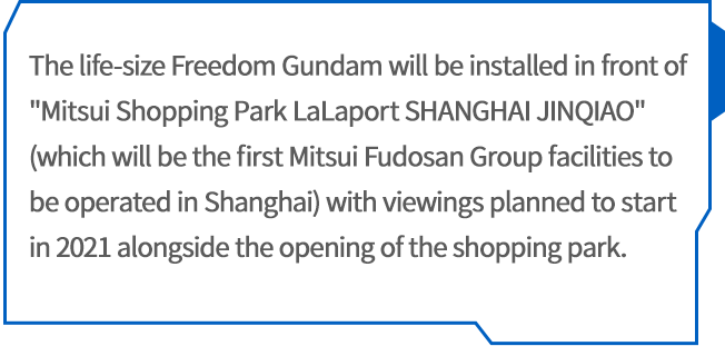 The life-size Freedom Gundam will be installed in front of 'Mitsui Shopping Park LaLaport SHANGHAI JINQIAO' (which will be the first Mitsui Fudosan Group facilities to be operated in Shanghai) with viewings planned to start in 2021 alongside the opening of the shopping park.